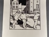 a black and white drawing of two men in a city street