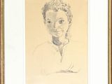 drawing of a woman in a white shirt in a gold frame