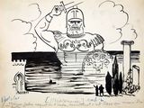 drawing of a cartoon of a man on a boat with a skull on his head