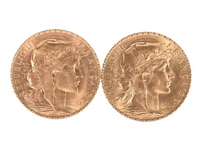 Deux pièces de vingt francs or au coq, 1910. Usures. - Photo 1
