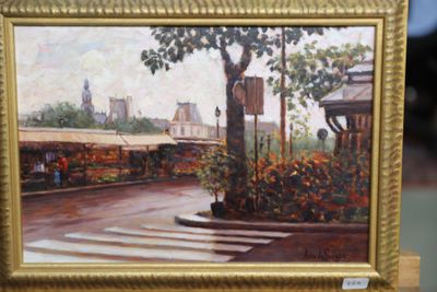 a painting of a street scene with a tree in the foreground