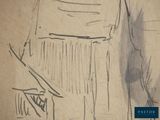 a drawing of a man standing in front of a building