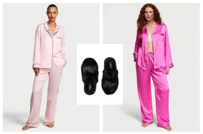 two women in pink pajamas and slippers standing next to each other