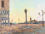 peinture d'une scène de rue avec une tour d'horloge en arrière-plan