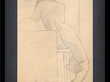 framed and matted drawing of a man leaning on a chair