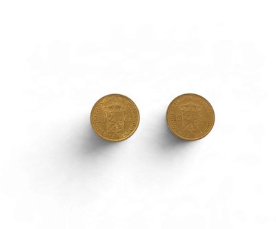 une paire de boucles d'oreilles à clous en forme de pièces d'or posées sur une surface blanche