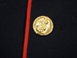 a close up of a gold coin on a black jacket