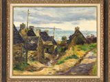 un tableau représentant un village au bord de la mer, avec une personne qui marche sur la route