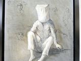 un dessin représentant une personne assise par terre, avec un sac en papier sur la tête