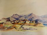 une aquarelle représentant un village au bord de la mer