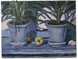 tableau représentant deux plantes en pot posées sur un rebord de fenêtre, avec une pomme au premier plan