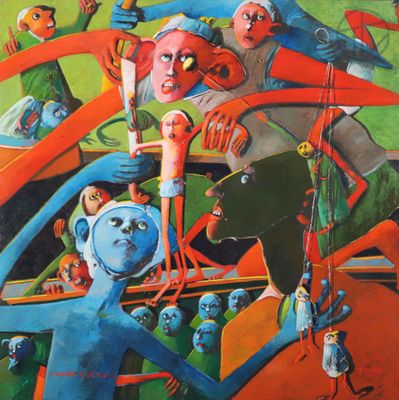 a painting of a group of people riding on a boat