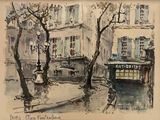 a watercolor painting of a street scene with buildings and trees