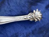 a silver spoon with a flower on it sitting on a blue cloth