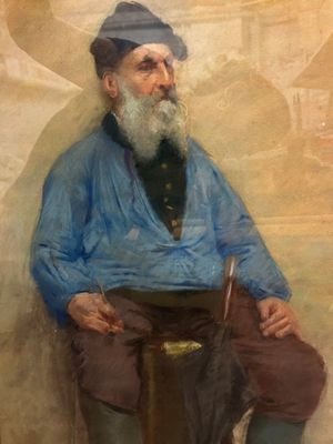 tableau représentant un vieil homme à la barbe blanche et vêtu d'une chemise bleue