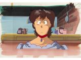 cartoon of a woman in a blue dress with a red collar around her neck