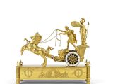 figurine en or représentant une calèche tirée par des chevaux, avec un homme à bord
