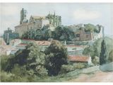 painting of a view of a town with a church on top of a hill