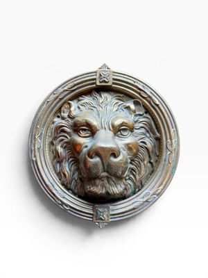 a close up of a lion ' s head on a door knocket