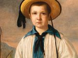 portrait of a boy in a straw hat and blue shirt with a sailboat in the background