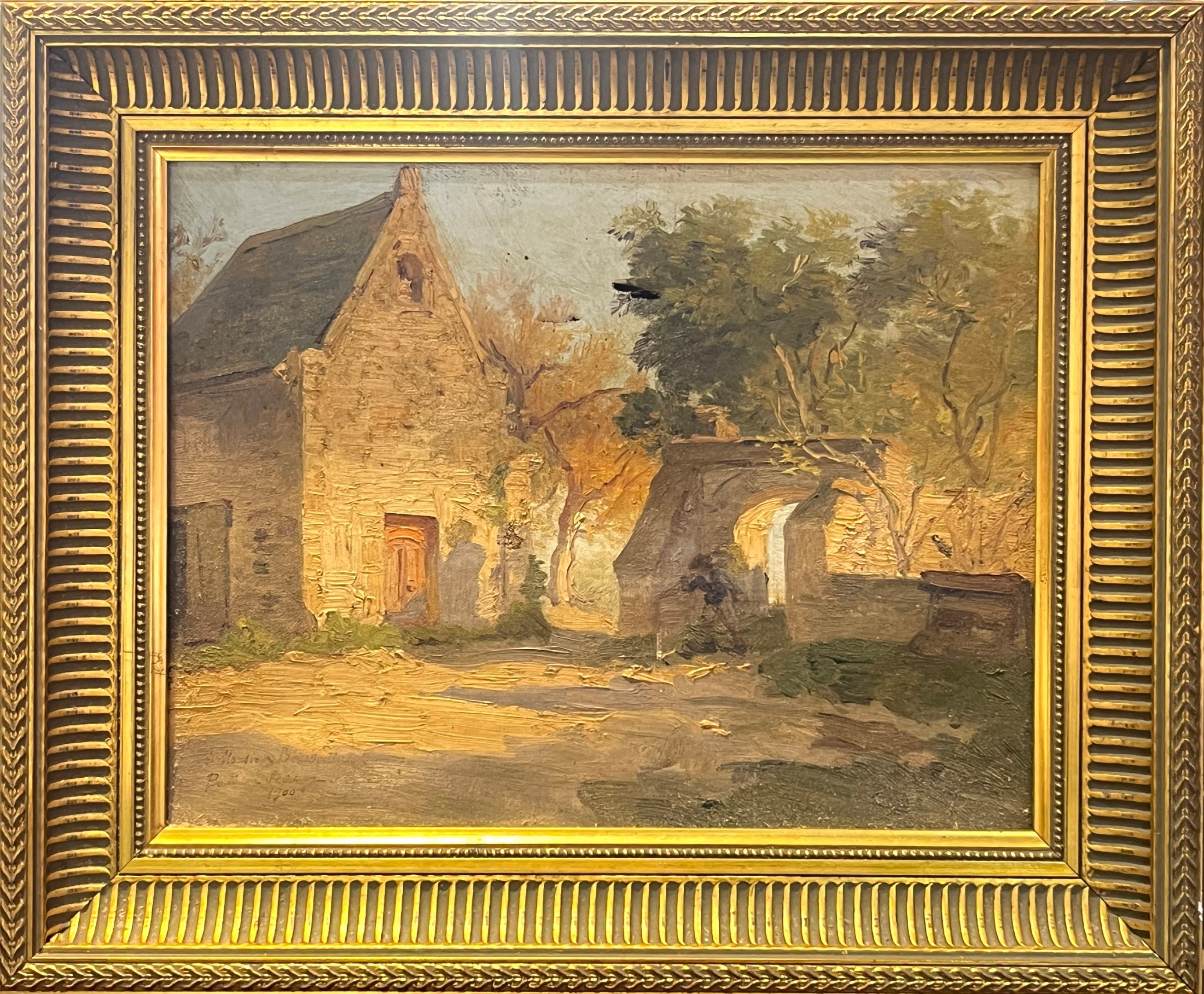 Ecole française vers 1900. Corps de ferme animé. Huile sur toile. Signé en bas à gauche et daté 1900. 25 x 33 cm. Tro...