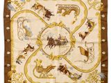 a brown and white square scarf with a picture of a horse and carriage