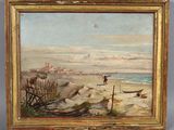 an oil painting of a beach scene with a boat on the water