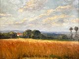 an oil painting of a field of wheat with a house in the distance