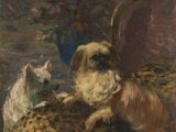 tableau représentant un chien et un chat assis sur un canapé