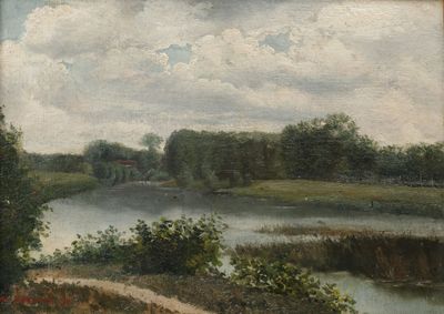 peinture d'un paysage avec une rivière et des arbres au premier plan