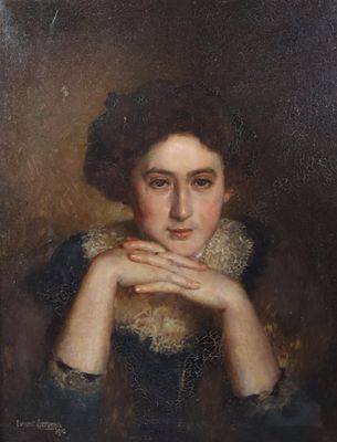 une peinture à l'huile représentant une femme en robe bleue, la main posée sur le menton