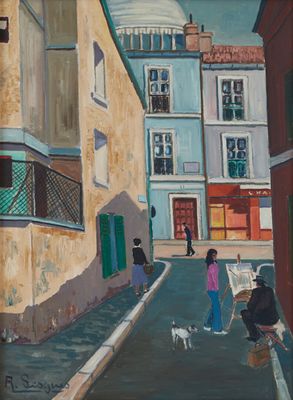 a painting of a man walking a dog down a street