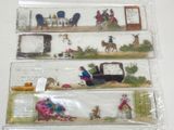 three pieces of paper with images of people and animals on them