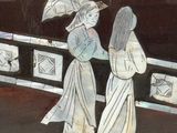 painting of two women with umbrellas on a platform in front of a train