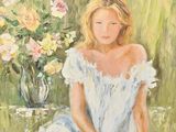 a painting of a woman sitting in a field with flowers