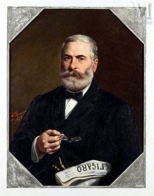 portrait d'un homme en costume noir tenant un livre et une loupe