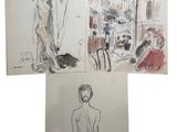 three drawings of a man standing in front of a mirror and another drawing of a man standing in front of a mirror