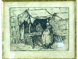 a drawing of a woman sitting at a table in front of a tent