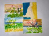 four paintings of a woman sitting on a rock in a field