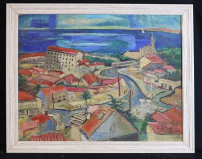 painting of a view of a town with a river in the foreground