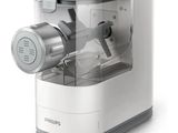a white and gray blender sitting on a white surface