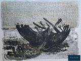un dessin en noir et blanc représentant deux bateaux sur la plage