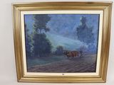 painting of a man driving a horse drawn carriage down a country road
