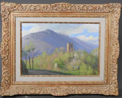 une peinture à l'huile représentant un paysage de montagne avec un château au loin