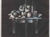 peinture représentant une nature morte composée de pommes, de poires et d'une bouteille posées sur une table