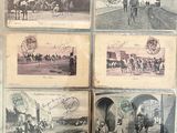 several old photos of people riding horses and carriages on a street