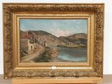 an image of a painting of a river with a village in the background