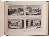 an open book with four pictures of a castle in it