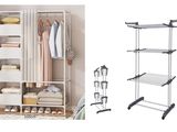two pictures of a rack with clothes and shoes on top of it