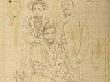un vieux dessin représentant trois hommes et une femme assis sur un banc
